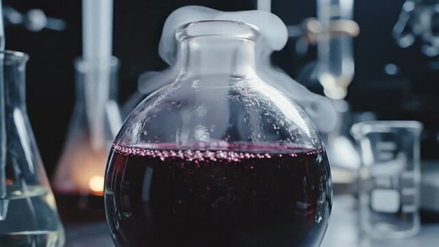 Laboratory glassware with a dark red liquid and vapor. Science and experimentation.