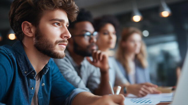 Faceless casual meeting of diverse business team analyzing financial data, multicultural corporate planning, collaborative investment analysis, team strategy discussion, defocused group, with - Powered by Adobe