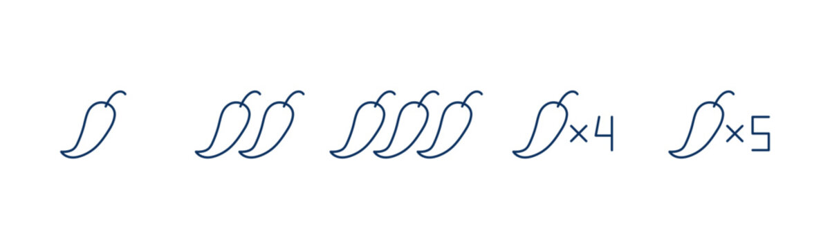Chili Pepper Heat Scale Icons. Spice Rating Counter 1&ndash;5 with Multipliers x4 x5 for Restaurant Menu Labels. Linear Vector Pack.
