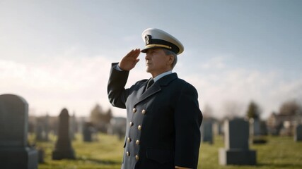 Military officer saluting during a solemn ceremony in a cemetery, honoring fallen heroes with respect and dignity 4k video footage