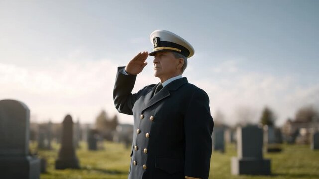 Military officer saluting during a solemn ceremony in a cemetery, honoring fallen heroes with respect and dignity 4k video footage