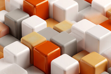 abstract 3d composition of rendered cubes with rounded edges in various shades of white gray orange and yellow