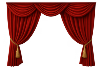 Rich red velvet curtains draping elegantly with golden ropes and tassels, framing an empty stage, ready for a show
