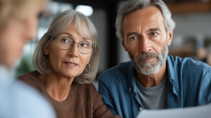 Faceless senior couple planning their investments with financial advisor, retirement wealth management, mature clients investment strategy, elderly financial planning, defocused older clients,