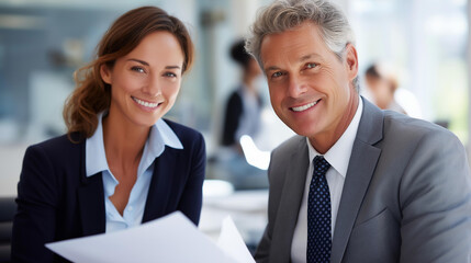 Faceless two business executives discussing financial legal papers in office at meeting, smiling female lawyer adviser consulting mid aged client, mature colleagues doing project paperwork