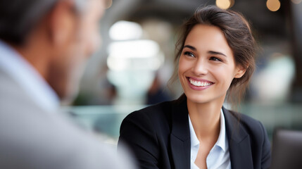 Faceless smiling female financial adviser talking with customer, wealth management consultant interaction, investment planning discussion, banking professional guidance, defocused woman advisor,