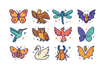 Fototapeta premium Colorful Winged Icons. Winged Creatures. Colorful isometric vect