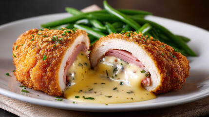 chicken cordon bleu with melted swiss cheese and green beans