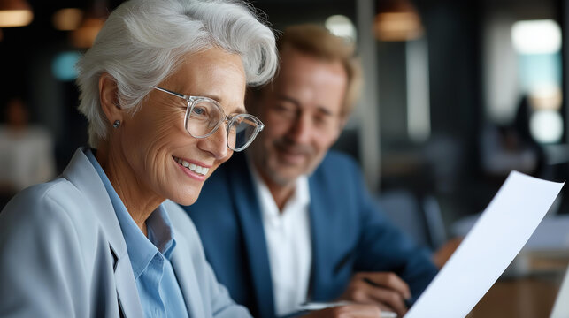 Faceless two business executives discussing financial legal papers in office at meeting, smiling female lawyer adviser consulting mid aged client, mature colleagues doing project paperwork - Powered by Adobe