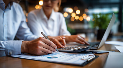 Faceless accountants analyzing financial documents calculating numbers together at shared workspace with laptop and office supplies surrounding them, audit and taxes in business, defocused