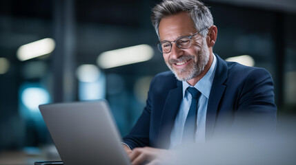 Faceless broker smile and mature businessman on laptop for finance tax research and debt management, investment banker happy or advisor with technology for good news financial account report