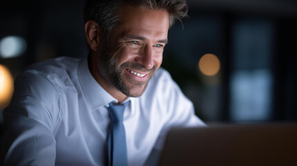 Faceless broker smile and mature businessman on laptop for finance tax research and debt management, investment banker happy or advisor with technology for good news financial account report