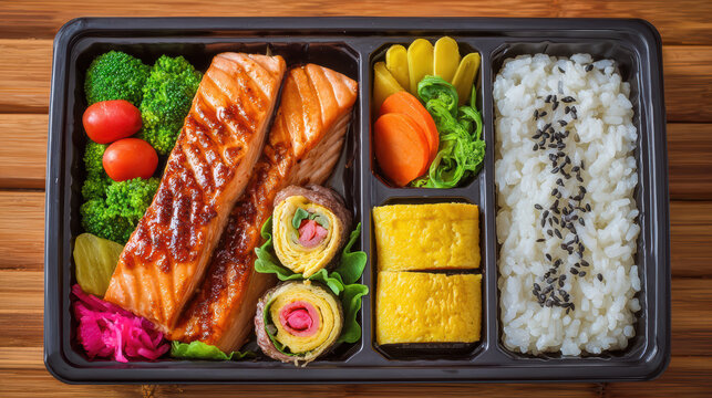 colorful bento box with teriyaki salmon and vegetables