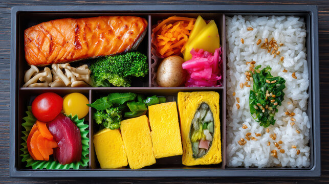 colorful bento box with teriyaki salmon and vegetables