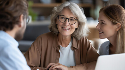 Faceless financial advisor consultation with clients on retirement finance planning or investment and document on laptop screen, accountant woman senior people and pension advice asset
