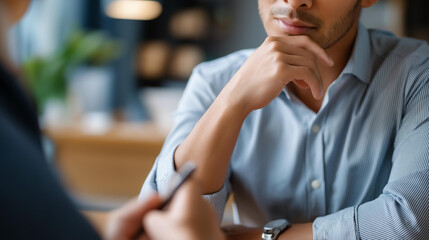 Faceless interview with financial advisor answering questions about interest rates, banking consultation, investment inquiry session, client education meeting, defocused consultant speaking,