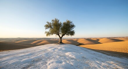 A solitary olive tree stands on a snowdusted hill in the tuscan countryside at sunrise, with rolling hills in the background