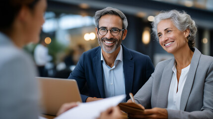 Faceless happy couple having meeting with their financial advisor in office, wealth management consultation, investment planning discussion, retirement strategy session, defocused clients and