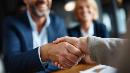 Faceless couple with financial advisor handshake consultation and discussion for investments, partners with consultant, home conversation for advice help and greeting gesture, defocused people,