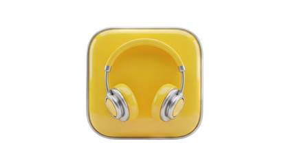 Yellow Icon of Headphones on a Glossy Square Button with Subtle Reflections and Transparent Background
