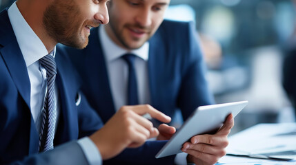 Faceless financial advisor showing information on tablet to client, digital wealth management presentation, technology-enabled investment consultation, portfolio review session, defocused