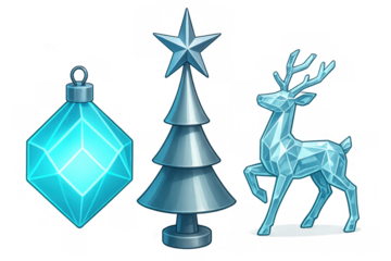 Christmas ornament, abstract ice crystal tree with star and low poly crystal deer on transparent background