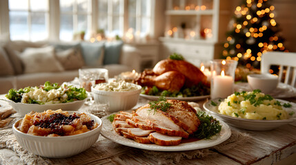 A festive decorated table with Christmas food, blurry Christmas tree and cozy sofa in background 