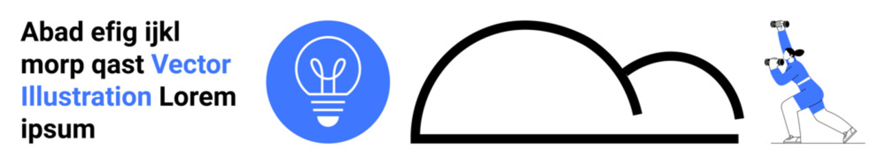 Innovation, creativity, minimalism, business concepts, abstract art, design thinking. Features a light bulb, curved shapes and a figure in motion. Innovation and creativity concept