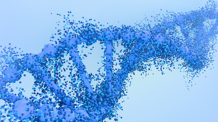 Abstract blue DNA double helix made of particles on soft background 3D render