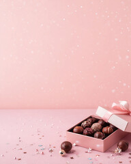 ピンクのボケと光に包まれたバレンタインのチョコレート