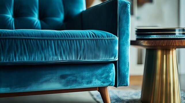 Close up of Luxury Teal Velvet Sofa with Mid-Century Modern Furniture Details, Rich Fabric Texture and Tufted Design, Elegant Interior Soft Furnishing 3D Rendering.