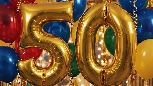 Festive 50th birthday celebration with gold number balloons and colorful balloons.