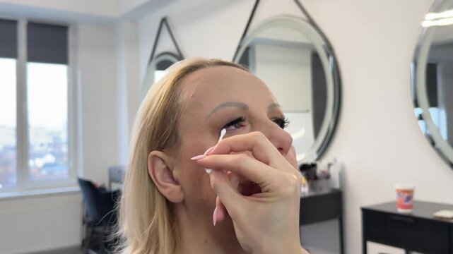Makeup artist applying makeup on a client face Women, makeup artist and magazine cover. People, employee and smile with customer for cosmetics, makeover and glamour for beauty campaign