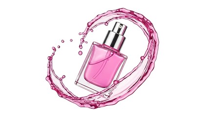 Obraz premium Pink perfume bottle splashing in pink liquid isolated on white background