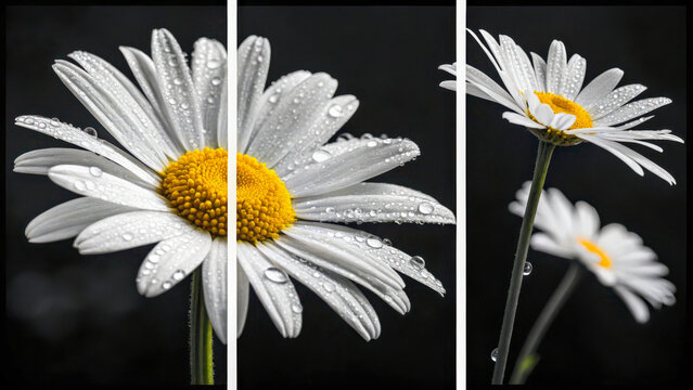 CloseUp White Daisy Flowers With Dewdrops On Black Background - Powered by Adobe