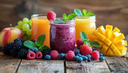 Colorful Assortment of Fresh Fruits and Smoothies on Wooden Table with Natural Background
