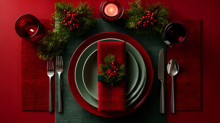 Close up of festive table setting with red napkin and table