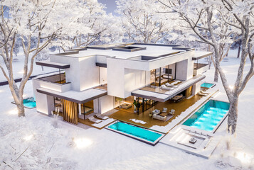 3d rendering of two-story house with parking and pool for sale or rent with concrete facade and beautiful landscaping on background. Cool winter day with shiny white snow