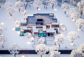 3d rendering of two-story house with parking and pool for sale or rent with concrete facade and beautiful landscaping on background. Cool winter day with shiny white snow