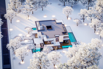 3d rendering of two-story house with parking and pool for sale or rent with concrete facade and beautiful landscaping on background. Cool winter day with shiny white snow