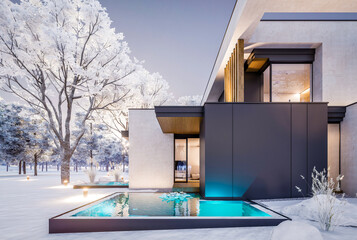 3d rendering of two-story house with parking and pool for sale or rent with concrete facade and beautiful landscaping on background. Cool winter day with shiny white snow