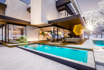 3d rendering of two-story house with parking and pool for sale or rent with concrete facade and beautiful landscaping on background. Cool winter day with shiny white snow