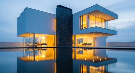 Modern luxury house with pool and reflection at dusk