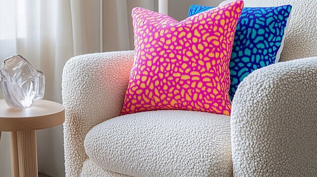 Modern white boucle armchair detail with vibrant pink and blue abstract pattern pillows, bright cozy living room interior design, dopamine decor style with soft textures, close up of elegant home furn