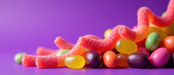 Colorful candy assortment includes gummy worms, jelly beans, and sour candies on vibrant purple background, evoking sense of fun and sweetness