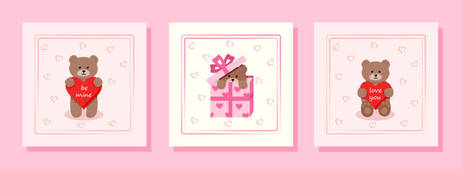 Set of greeting cards for Valentine's Day. Collection of cute teddy bears with hearts. Cartoon vector illustration.