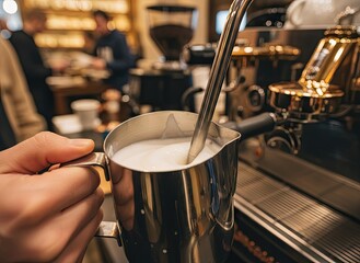Barista Steams Milk In Metal Pitcher With Espresso Machine And Blurred Customers In Background Warm Indoor Lighting