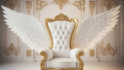 Luxurious white leather and gold ornate throne featuring large majestic white angel wings in a classical palace setting.