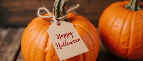 Happy Halloween pumpkins with tag, vibrant orange color, rustic wooden background, festive autumn decoration, seasonal celebration