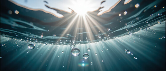 Bubbles float clear water, illuminated by sunlight, creating serene underwater scene. rays of light penetrate surface, enhancing tranquil